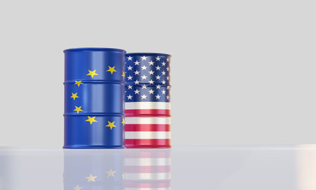 isolated 3d render of crude oil barrels in Euro and US flag