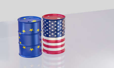 isolated 3d render of crude oil barrels in Euro and US flag..の写真素材