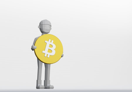 3d render of cartoon dummy holding a bitcoin for crytocurrency concept.