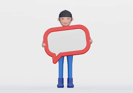 3d render of cartoon holding a chat box message or information board.の写真素材