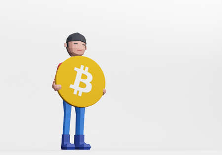 3d render of cartoon dummy holding a bitcoin for crytocurrency concept.の写真素材