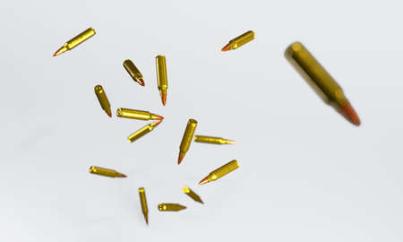 3d render of flying or dropping rifle bullets for gun violence or control concepts.の写真素材