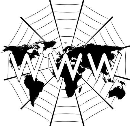 world wide web sign on world map and cobwebのイラスト素材