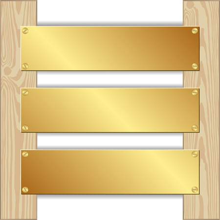 three golden plaques nailed to wooden planksのイラスト素材
