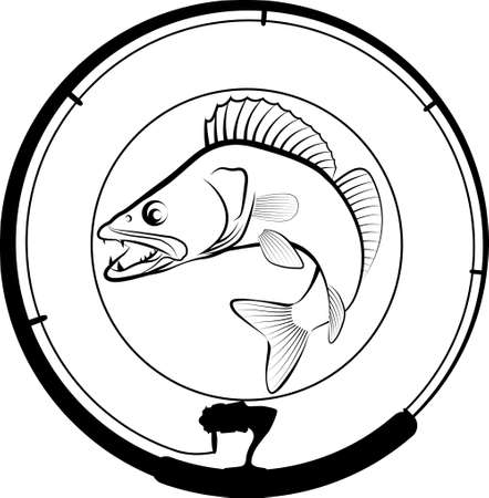 fishing badge with fish and fishing rodのイラスト素材