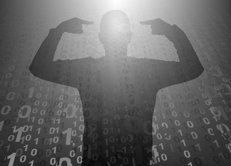 Man Silhouette Pointing Finger Head On Numerical Backgroundのイラスト素材