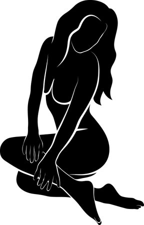 sitting woman touching her leg, vector silhouetteのイラスト素材