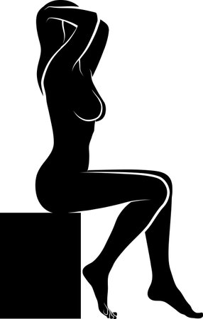 sitting naked woman holding her head, vector illustrationのイラスト素材