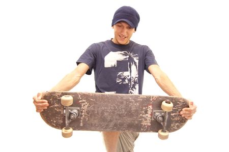 this skater seems to be happy because he breaks his old skate apartの写真素材