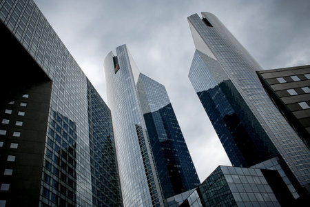Modern skyscrapers at wide angle. Desaturated colors.
