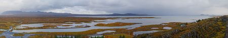 Extra large panoramic view to a lake with islands in Icelandの写真素材