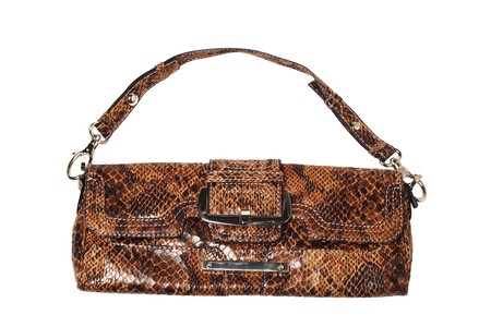 Snake leather women handbag isolated on white backgroundの写真素材
