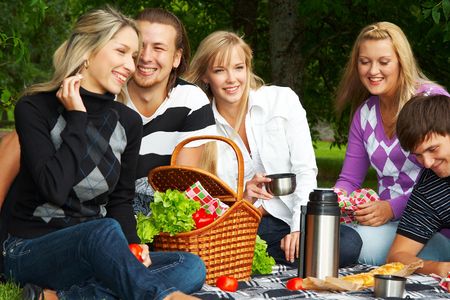 Five happy friends on picnic in a parkの写真素材