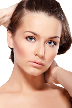 Portrait of beautiful lady with blue eyes isolated on whiteの写真素材