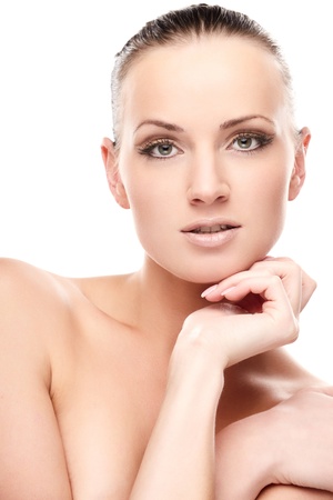 Portrait of beautiful female model on white backgroundの写真素材