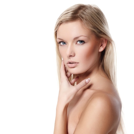 attractive smiling woman portrait on white backgroundの写真素材