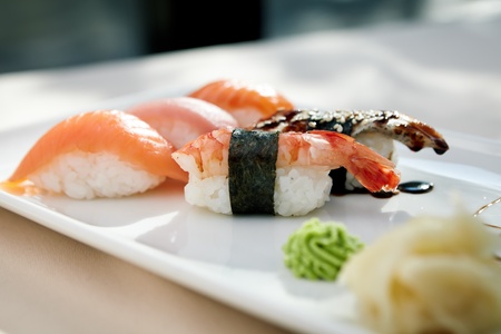 Sushi with shrimp, tuna, trout, eel and smoked salmonの写真素材