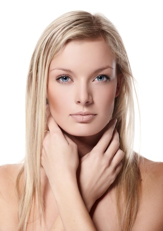 Portrait of beautiful female model on white backgroundの写真素材