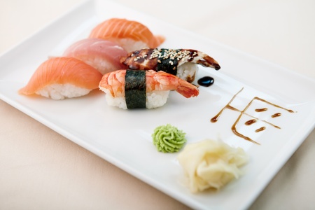 Sushi with shrimp, tuna, trout, eel and smoked salmonの写真素材