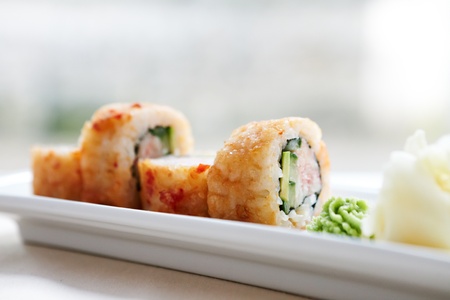 Flying fish roe maki with wasabi and gingerの写真素材