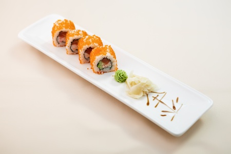Flying fish roe maki with wasabi and gingerの写真素材