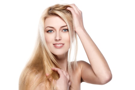 Portrait of beautiful female model on white backgroundの写真素材