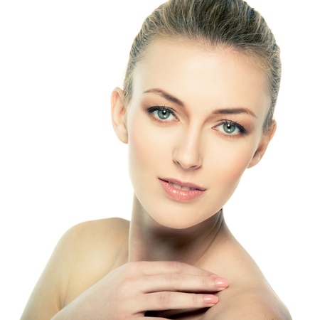 Portrait of beautiful female model on white backgroundの写真素材