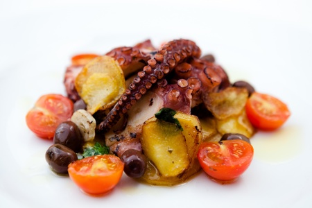 Grilled octopus with cherry tomatoesの写真素材