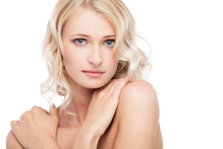Portrait of a sensual young blond woman on white backgroundの写真素材