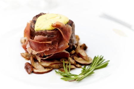 Beef fillet with roasted porcini mushroomsの写真素材