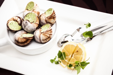 Escargots with garlic butter and lemonの写真素材