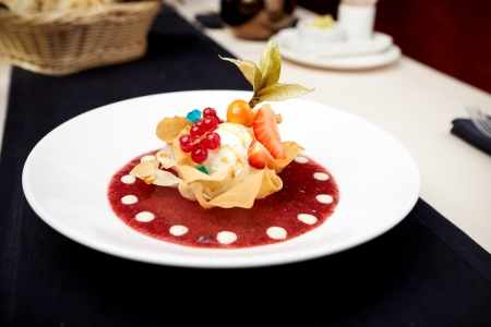 Ice cream ball with strawberry jamの写真素材