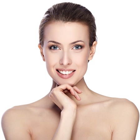Portrait of beautiful female model on white backgroundの写真素材
