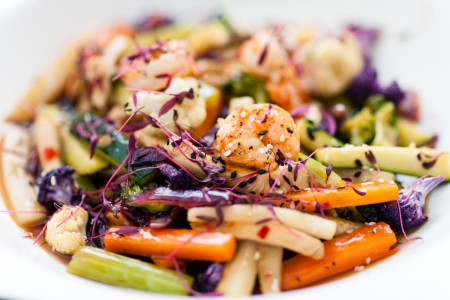 Salad with grilled tiger prawnsの写真素材