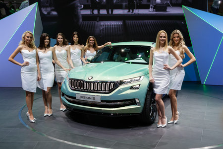 Geneva, Switzerland - March 1, 2016: Skoda Vision S Concept, front-side view presented on the 86th Geneva Motor Show in the PalExpoのeditorial素材