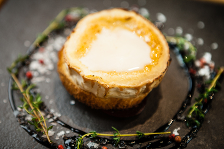 Grilled toast with goat cheeseの写真素材