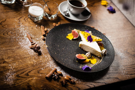 Cheesecake with passionfruit served on a plate in restaurant