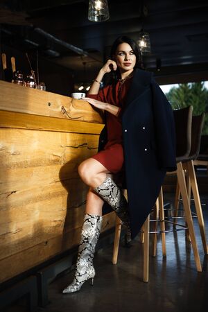 Young lady with luxury accessories in cafeの写真素材