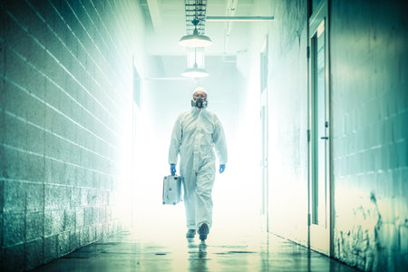 corona virus concept. male doctor waliking in coridor with biohazard caseの写真素材
