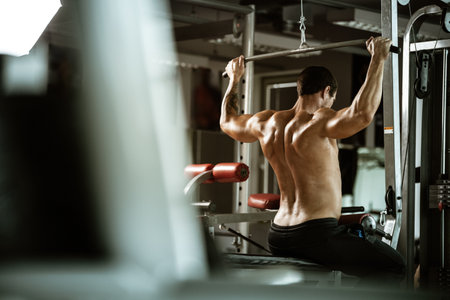 Fitness in gym, sport and healthy lifestyle concept. Handsome athletic man with naked torso making exercises. Bodybuilder male model trains back muscles using exercise machineの写真素材