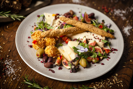 Cheese platter for two: Goat cheese cream, gorgonzola, camembert, grissini and fig jam. Delicious healthy Italian traditional food closeup served for lunch in modern gourmet cuisine restaurant.の写真素材