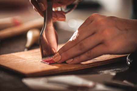 Leather handbag craftsman at work in a vintage workshop. Small business concept.の写真素材