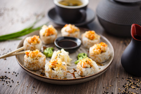 Baked sushi maki rolls with prawns and crab on a plate with chopsticks, soy sauce, wasabi and ginger. Japanese traditional fish food closeup served for lunch in modern gourmet restaurant.の写真素材