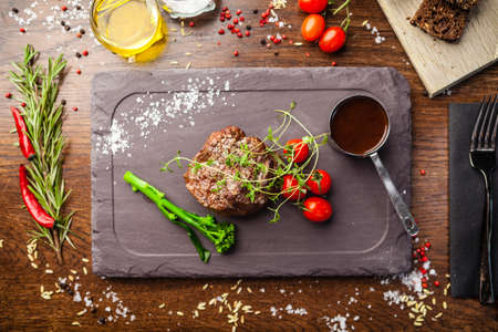 Estonian beef tenderloin steak. Delicious healthy traditional food closeup served for lunch in modern gourmet cuisine restaurantの写真素材