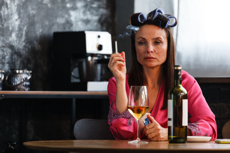Alcoholism problem concept. Sad middle aged woman in stress sits in the kitchen, drinks white wine from a glass and smokes a cigarette. A depressed female is addicted to alcohol at home.の写真素材