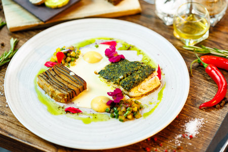 Pike-perch fillet. Potato gratin, warm yellow beet-turkey bean salad, parmesan dressing. Delicious seafood fish closeup served on a table for lunch in modern cuisine gourmet restaurantの写真素材