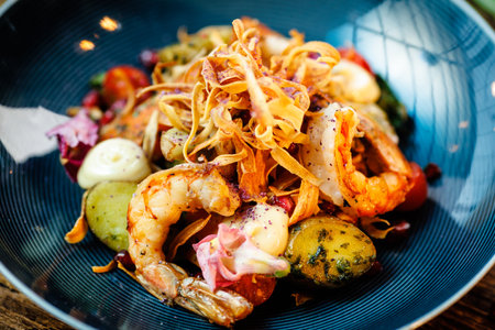 Warm salad with Argentinian king prawns. Almond potato, mini romaine lettuce, carrot, cherry tomato, pesto, black root chips, caramelized walnut, beet balsamic. Food served in modern restaurantの写真素材