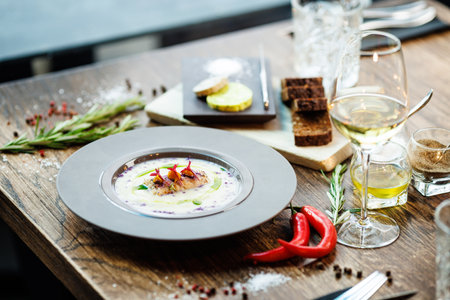 Jerusalem artichoke-almond cream soup with scallop roll. Leek, almond milk, garlic. Delicious healthy Jewish traditional food closeup served for lunch on a table in modern gourmet cuisine restaurantの写真素材