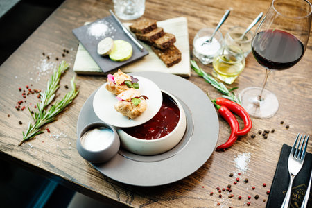 Beetroot soup Borscht with meat and sourcream in a bowl. Delicious healthy Ukrainian traditional food closeup served for lunch on a table in modern gourmet cuisine restaurantの写真素材
