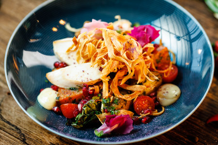 Warm salad with chicken. Almond potato, mini romaine lettuce, carrot, cherry tomato, pesto, black root chips, caramelized walnut, beet balsamic. Food closeup served for lunch in modern restaurantの写真素材